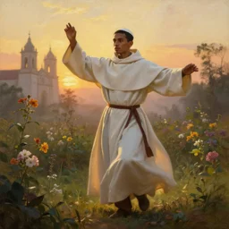 oil painting portrait of a handsome young tonsured dominican monk in a white and brown habit, striding dancing through a flourishing garden at sunset with a monastery in the background, hazy, digital art, chiaroscuro, artstation, cinematic, golden hour, digital art painting by greg rutkowski, william - adolphe bouguereau, hazy atmosphere, flowers, cinematic lighting