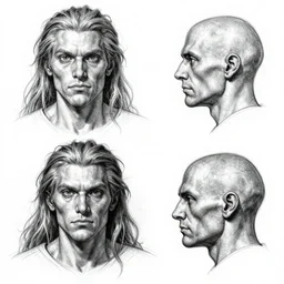 highly detailed character sheet, expressive facial features, technical drawing, frontal and side views, human head, game protagonist designs, side - scrolling 2 d platformer, art by h. r. giger, kim jung gi and burne hogarth