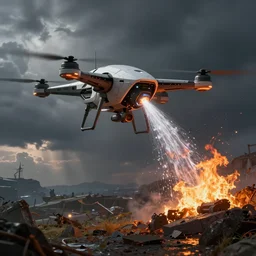 futuristic drone putting out a fire with water, digital art, matte painting, artstation, concept art