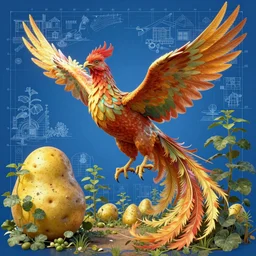 portrait of the phoenix of the yellow potato garden, in the style of Greg Broadmore and Arthur Rackham,trending on artstation, light lighting side view,digital art,surrealism ,macro,blueprint ,vaporwave ,
