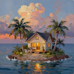 a very very small island! with a cute cozy large cottage!! on it and a paved patio!! with chairs and string lights!, palm trees, late evening sunset, puffy clouds, dramatic and dynamic lighting, thick brush strokes oil impasto painting