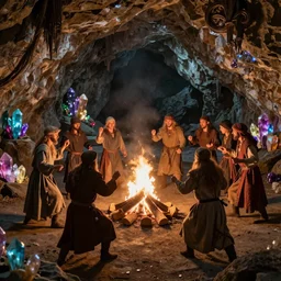 medieval villagers dances around a campfire in a cave, colorful crystals everywhere, 4k, 8k, unreal engine, by greg rutkowski, hyper realistic, octane render