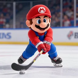 super mario playing hockey, highly detailed, extremely high quality, hd, 4 k, 8 k, canon 3 0 0 mm, professional photographer, 4 0 mp, lifelike, top - rated, award winning, realistic, detailed lighting, detailed shadows, sharp, no blur, edited, corrected, trending