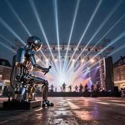 machine saint playing music at a concert in denmark, cinematic, scenic digital art, very detailed, bright laser lights