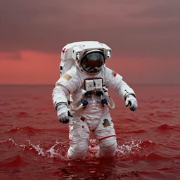 an astronaut emerging from an ocean of red water, otherwordly sky, cinematic shot, 35mm, photography, High definition, 8k, detailed, deprh of field, photorealistic, epic atmosphere
