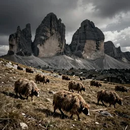 1940s photography of the dark eerie dolomites, hay creatures crawling from the ground