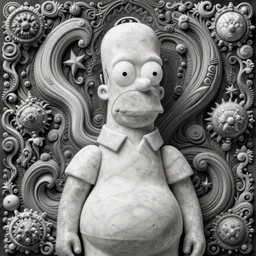 homer simpson made of marble, hyper detailed, flowing psychadelic background intricate and detailed, ornate 8 k gorgeous intricate detailed, octane render, black and white
