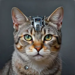 portrait painting of a cat with a cyberpunk steel implant in his head. extremely high detail, artstation contest winner, masterpiece, cyberpunk painting by zdzislaw beksinski, dariusz zawadzki, giger, wayne barlowe