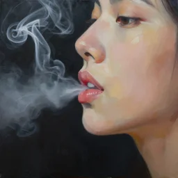 minimal abstract painting, profile closeup of the lips of a young filipino woman, smoke coming from her mouth, surrounded by thick swirling smoke, by conrad roset, long paint brush strokes, dramatic lighting, trending on artstation
