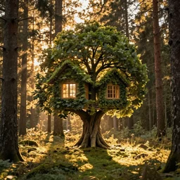 house shaped like tree, photoreal, golden hour, sunlight, swedish forest, beautiful!!!!!!!!!
