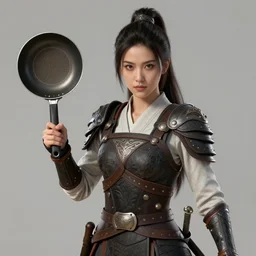 a woman warrior holding a frying pan. high definition. hyper realistic. digital art