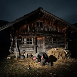 1 9 2 0 s photography of an old farmers hut in the dolomites, farmer twisting on the ground, farmer tools, wooden cross, bones, haystack, dark, eerie, grainy