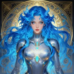 symmetry!! portrait of woman with long flaming blue hair, sci - fi, tech wear, glowing lights!! intricate, elegant, highly detailed, digital painting, artstation, concept art, smooth, sharp focus, illustration, art by artgerm and greg rutkowski and alphonse mucha, 8 k