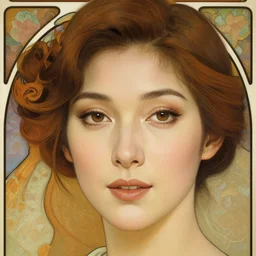 hyper-realistic detailed face portrait of attractive mature woman in her 20s by Alphonse Mucha, Ayami Kojima, Amano, Charlie Bowater, Karol Bak, Greg Hildebrandt, Jean Delville, and Mark Brooks, esperesso skintone, Art Nouveau, Neo-Gothic, gothic, rich deep moody colors