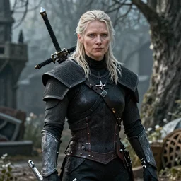 film still of tilda swinton as geralt in the witcher 3, gameplay, 8 k, hd