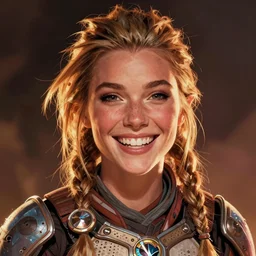 portrait of laughing Aloy from Horizon: Zero Dawn, comic book illustration, by John Kirby