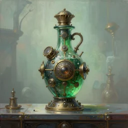 a painting of a complex detailed steampunk mechanical green colored potion bottle centred on a counter, by h. r. giger, hyperrealistic fantasy art, concept matte, ethereal, dreamy, digital art, trending on artstation, volumetric cinematic lighting