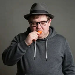 obese sad elven nerdy guy with glasses wearing a hoodie and a fedora and eating a carrot, award winning photography