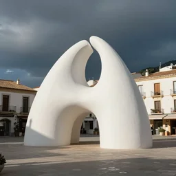 huge white plastic sculpture by eduardo chillida on a mediterranean town square