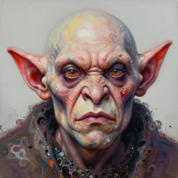close - up portrait of very ugly goblin by irakli nadar with intricate detailed color smashing fluid oil paint and acrylic, headdress made of bones, melting wax, mycelia, abstract impressionism, ruan jia, fantasy, hyper detailed, concept art, by peter mohrbacher and gustav klimt,