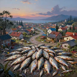 a beautiful painting of a village covered in dead fish, gigantic, octane render, brilliantly coloured, intricate, ultra wide angle, trending on artstation, dusk, volumetric lighting, polished, micro details, ray tracing, 8k