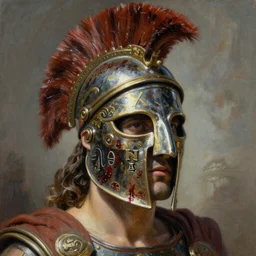 A mixed media portrait painting of a man wearing the roman gladiator mask-of-Damocles, detailed mask, detailed jaw and eyes, dried blood, by Frank Frazetta, Greg Rutkowski, Beeple, Yoko Taro, Christian MacNevin, epic fantasy character art, roman numerals, high fantasy, CGsociety, full length, exquisite detail, post-processing, masterpiece, cinematic