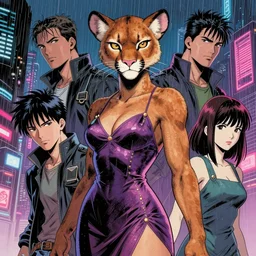 beautiful portrait commission of a female furry anthro mountain lion wearing a cocktail dress. Cyberpunk city at night in the rain. Neon light. Atmospheric. Character design by charlie bowater, ross tran, artgerm, and makoto shinkai, detailed, inked, western comic book art