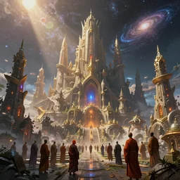 an epic fantastic realism painting in a graphic novel style of the intricate alien cityscapes of a race of ancient wizard monks from a planet in a distant galaxy, 8 k, ultra realistic, lens flare, atmosphere, glow, detailed, intricate, full of colour, cinematic lighting, trending on artstation, 4 k, hyperrealistic, focused, extreme details, unreal engine 5, cinematic, masterpiece