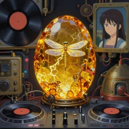 surreal gouache painting, by yoshitaka amano, by ruan jia, by Conrad roset, by good smile company, detailed anime 3d render of big transparent amber stone  with a  magical electric dragonfly inside the amber.  Amber stone on the Dj mixer deck, vinyl records,  portrait, cgsociety, artstation, rococo mechanical and Digital  and electronic, dieselpunk atmosphere