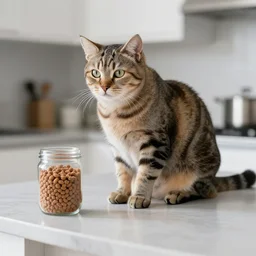 the cat is sitting at the kitchen counter, a jar of cat food with cat food on top is placed on the kitchen counter, direct wide angle view, day time, atmospheric, spring, sun