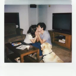 realistic, 9 0's candid polaroid film, man and woman kissing in living room. couch. table. 9 0's television. labrador on floor.