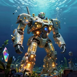 an underwater city comprised of light built in the side of a giant robot trying to save the planet, set in the distant future, plants, light prisms, rainbow diffraction, steampunk, cyberpunk, warm lights, anime, vhs distortion, art style mimics starlight brigade by game grumps