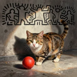 happy cat with ball, keith haring,