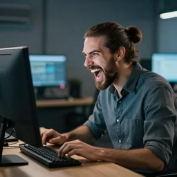 Programmer screaming at the computer, male, ponytail and beard, realistic photo
