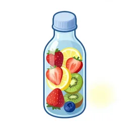 ( ( dither ) ), editorial illustration strawberries blueberries sliced kiwi sliced lemon inside a clear drinking bottle, isometric, modern art deco, ( ( mads berg ) ), christopher balaskas, victo ngai, rich grainy texture, detailed, dynamic composition, wide angle, matte print, art nouveau, unreal engine