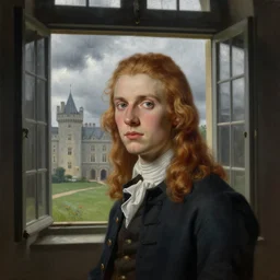 museum painting, wide - shot, realistic face, beautiful teenager young man, with shoulders - length!!! reddish blonde hair tied!!, grey eyes, wavy, clothes of 1 8 th century, near the open window in a castle, bad weather, clouds and rain outside, sharp focus, highly detailed, digital art, matte painting, masterpiece, by artgerm, by greg rut