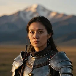 head and shoulders portrait of a female knight, steppe warrior, photography by jimmy nelson, dramatic mountain background, golden hour, hq