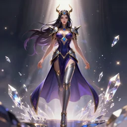 a beautiful female god character from hades game, character is standing, centered, rim lights, highly detailed professional illustration, dynamic lights, particles and crystals are flying, trending on artstation, illustration, 4k