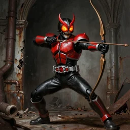 character portrait of a snarling humanoid demonic monster archer kamen rider with fire eyes and a glowing mouth doing a henshin pose, matte painting, dramatic lighting, 8 k, rubber suit, digital painting, concept art, muted colors, red colors, moody colors, rusted walls, broken pipes, church cathedral, in the style of frank frazetta and john singer sargent