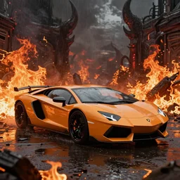 a lamborghini aventador parked in a hellish fiery demon world, plumes of flame, scattered burning debris, acid rain, cinematic photography, film still, hd