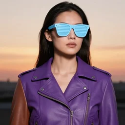 a woman with light blue shutter shades in front of a sunset, wearing a purple leather jacket, one side brown haircut with blue tips on the end, vector art by jan tengnagel, pixabay contest winner, retrofuturism, retrowave, synthwave, outrun, portrait, synthwave