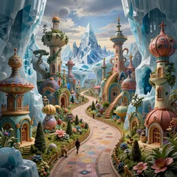 beguiling epic stunning beautiful insanely detailed matte painting of an impossible path winding through arctic dream worlds with surreal architecture designed by heironymous bosch, structures inspired by heironymous bosch's garden of earthly delights, surreal ice interiors by cyril rolando and asher durand and natalie shau, whimsical, sense of awe, intricate, sharp focus