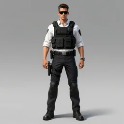 full body character design of realistic alt art federal agent white button down shirt rolled up sleeves kevlar armor tactical bulletproof vest sunglasses artgerm greg rutkowski trending