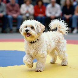“a cream-colored havanese dog in a break dancing contest, 1988, Los Angeles, Kodachrome, 10 mm, photo”
