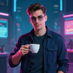 portrait of a handsome startup CEO having a cup of coffee. cyberpunk style, digital art artstation cgsociety