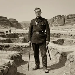 ultra detailed photorealistic sepia - toned photograph from 1 9 1 7, a british officer in field fear standing at an archaeological dig site in wadi rum, ultra realistic, painted, intricate details, lovecraft, atmospheric, dark, horror, brooding, highly detailed, by angus mcbride