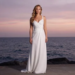 a portrait photography of  Jennyfer Lawrence with full body dress in white by Flora Borsi, stand up with the sea behind, soft sunset lighting, pastel colors scheme, fine art photography, dramatic backgroung, 80 mm sigma art