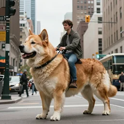 photographer riding giant dog in the city, trending on artstation