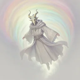 character concept art of wizard wearing horned mask flying inside a faint colored rainbow tornado, full body shot, fantasy painterly style, intricate details, artwork by ross tran, artgerm, eimbrodered clothing, faint colors, pale colors
