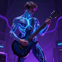 guitar, by greg rutkowski, by anton fadeev, by rhads, 4 k, cyber punk style, glowing blue veins, purple glowing wires